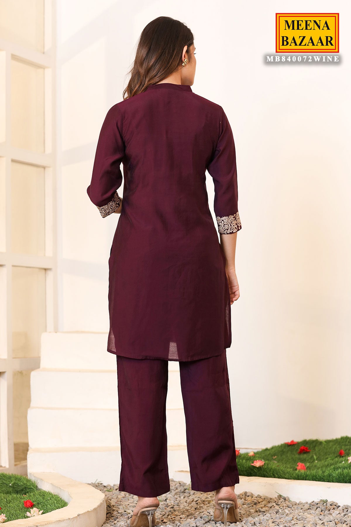 Wine Muslin Neck Embroidered Kurti and Pant Co-ord Set