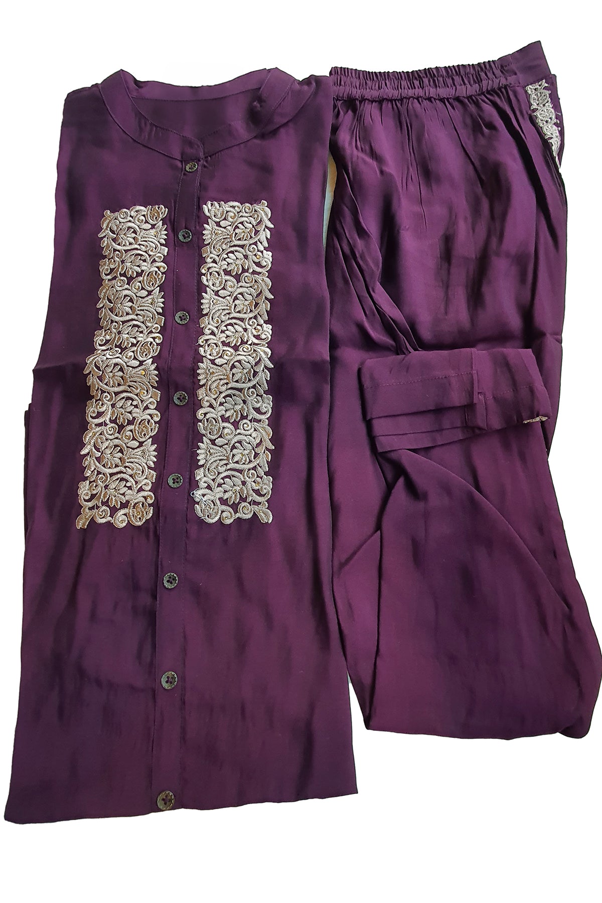 Wine Muslin Neck Embroidered Kurti and Pant Co-ord Set