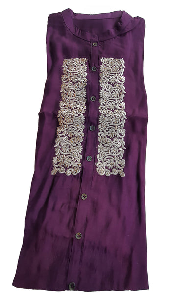 Wine Muslin Neck Embroidered Kurti and Pant Co-ord Set