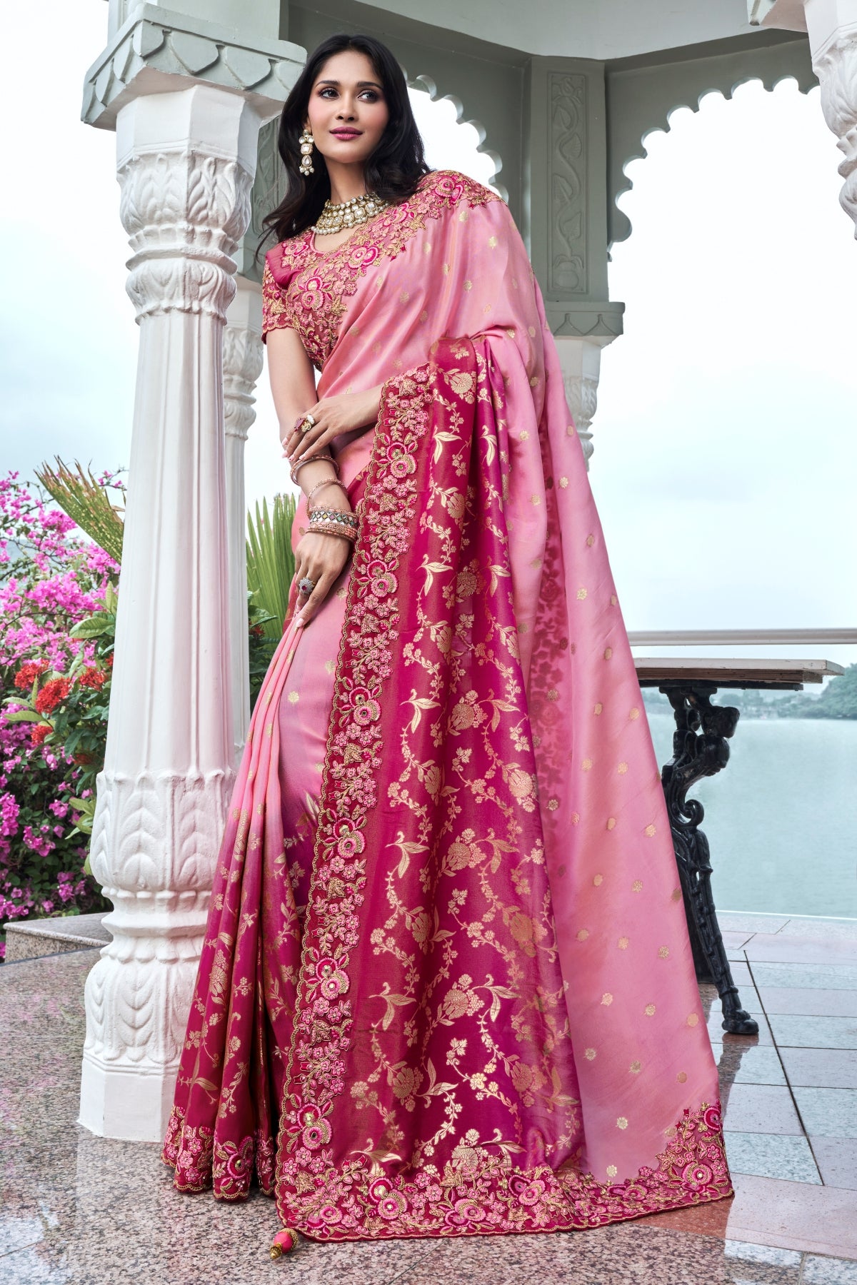 Pink Viscose Silk Blend Zari Weaving Saree