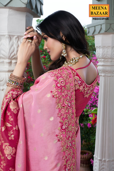 Pink Viscose Silk Blend Zari Weaving Saree