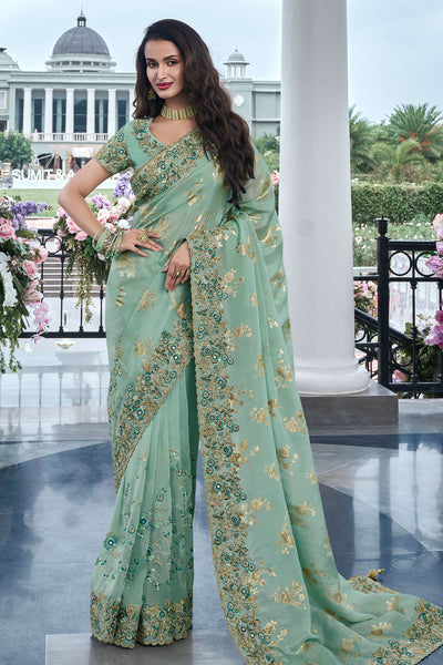 Firozi Viscose Silk Blend Zari Weaving Saree