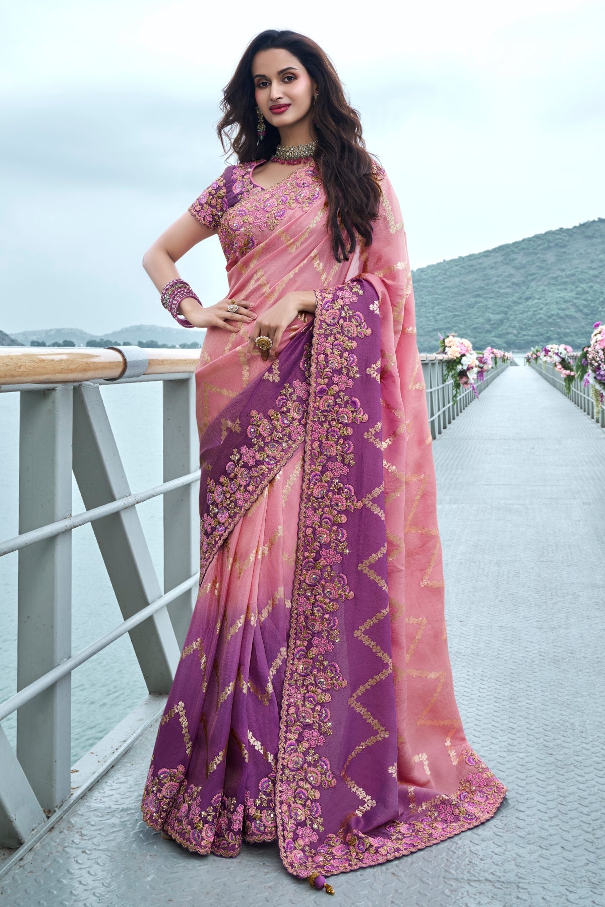 Pink & Purple Viscose Silk Blend Zari Weaving Saree