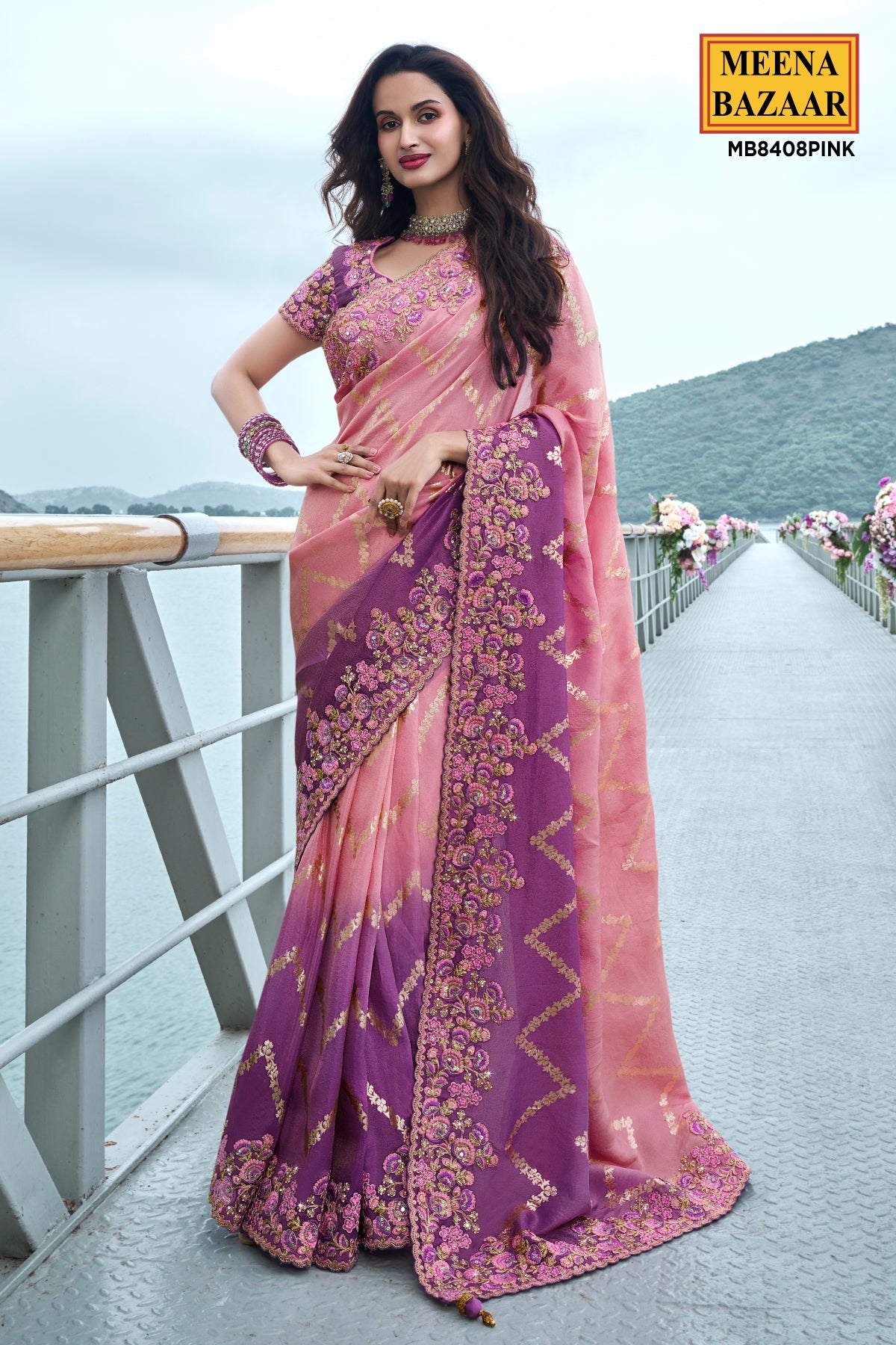 Pink & Purple Viscose Silk Blend Zari Weaving Saree