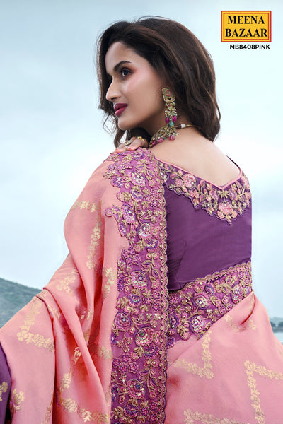 Pink & Purple Viscose Silk Blend Zari Weaving Saree