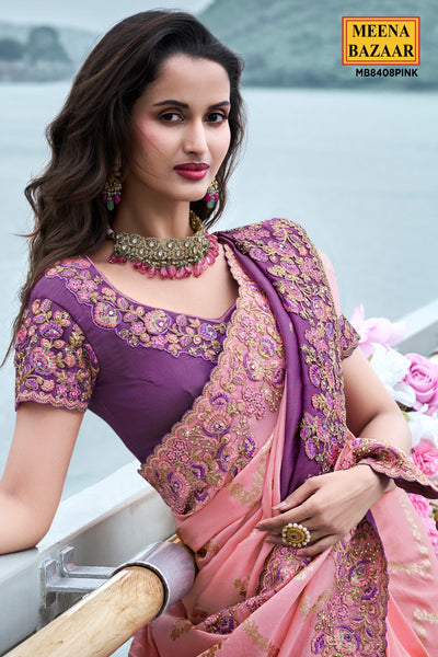 Pink & Purple Viscose Silk Blend Zari Weaving Saree