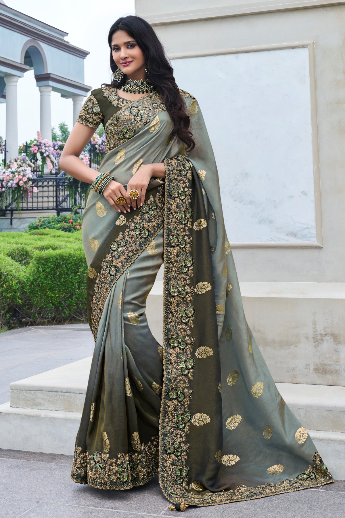 Grey Viscose Silk Blend Zari Weaving Saree