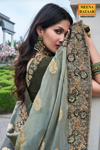 Grey Viscose Silk Blend Zari Weaving Saree