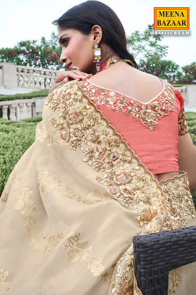 Cream Viscose Silk Blend Zari Weaving Saree