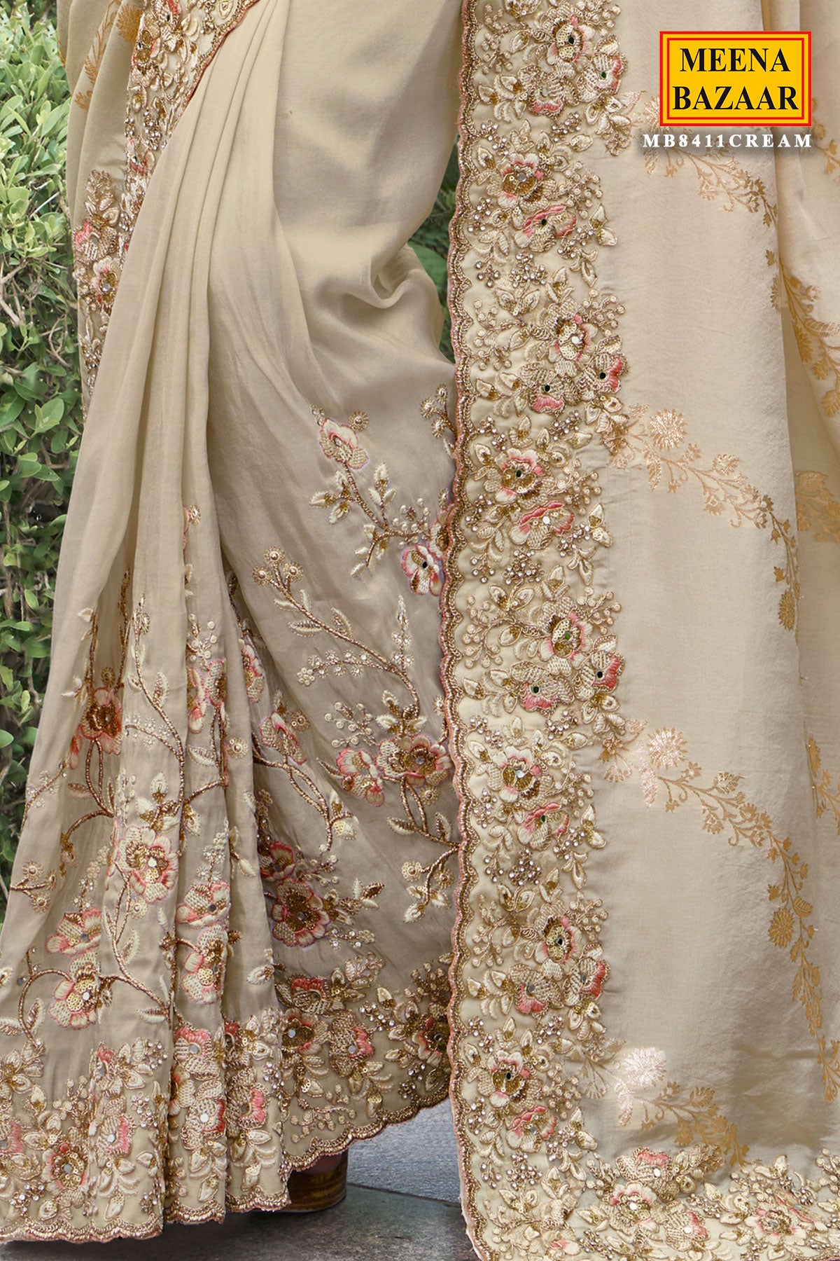 Cream Viscose Silk Blend Zari Weaving Saree