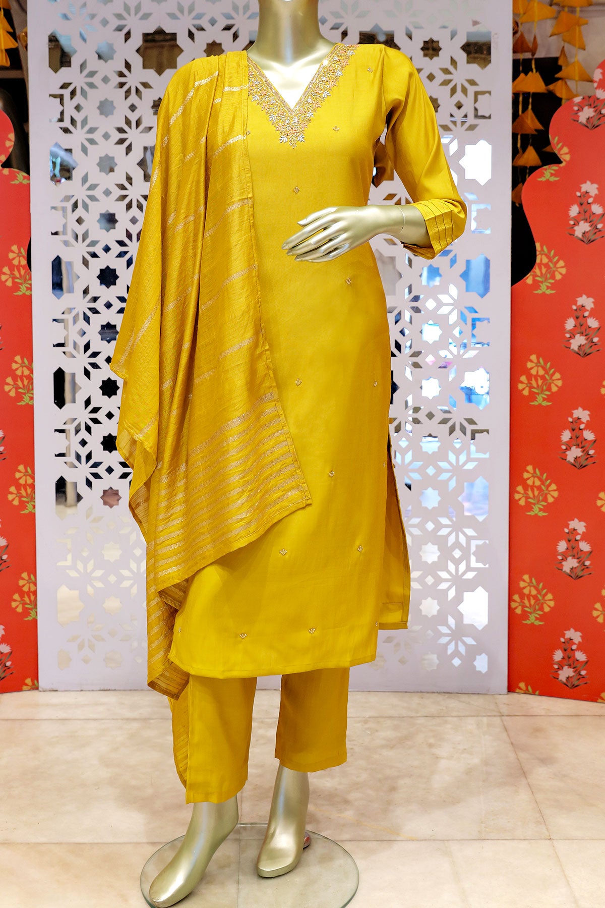 Mustard Muslin Cut Dana, Sequin Embroidered Suit Set