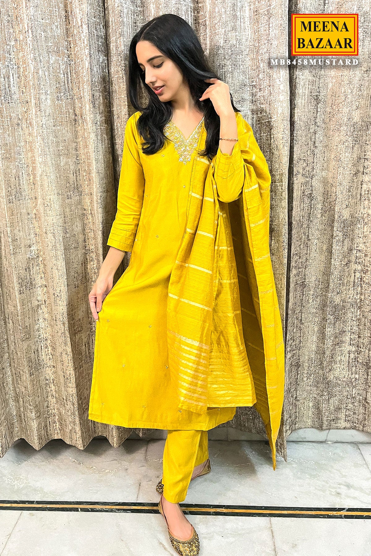 Mustard Muslin Cut Dana, Sequin Embroidered Suit Set