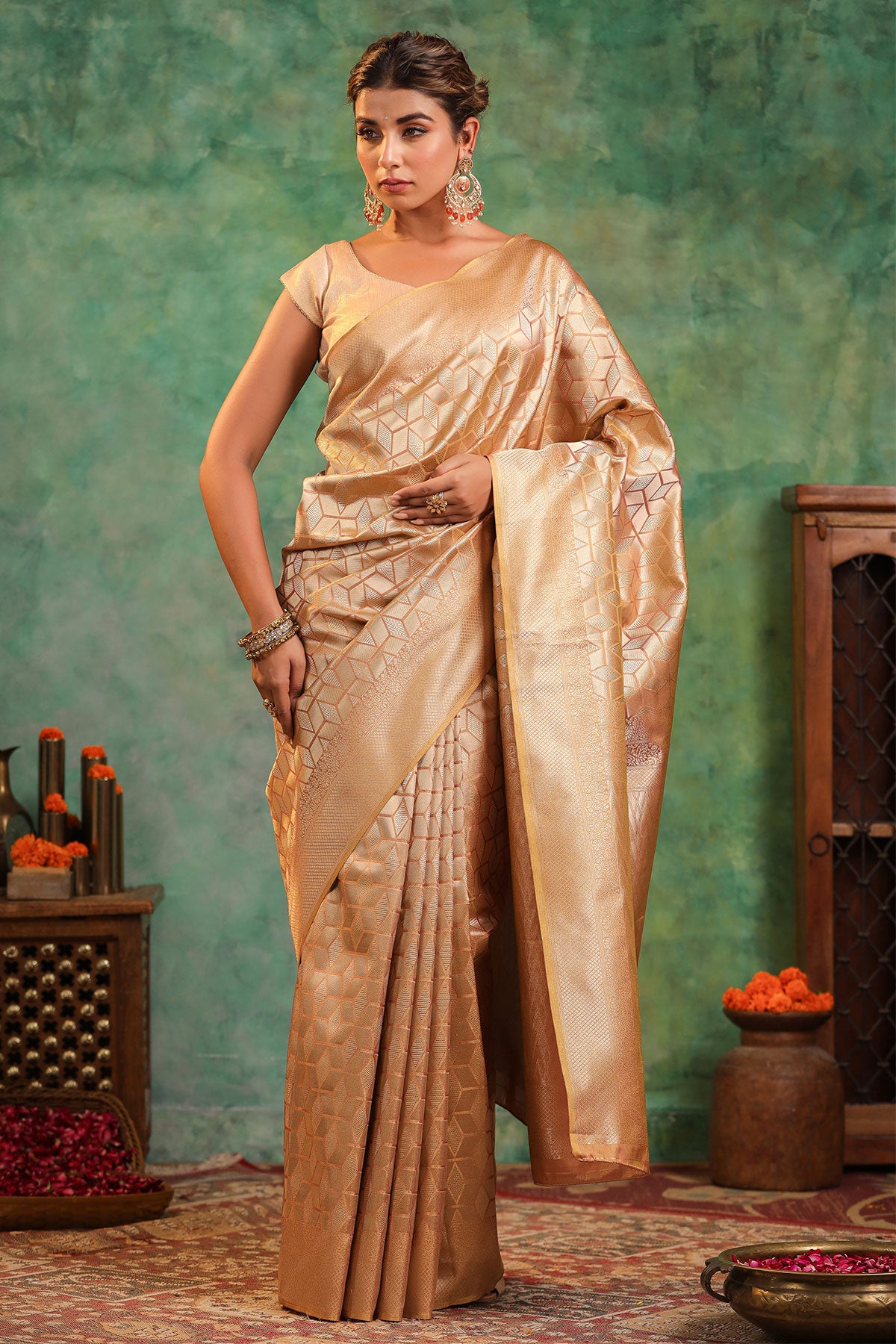 Peach Silk Woven Saree