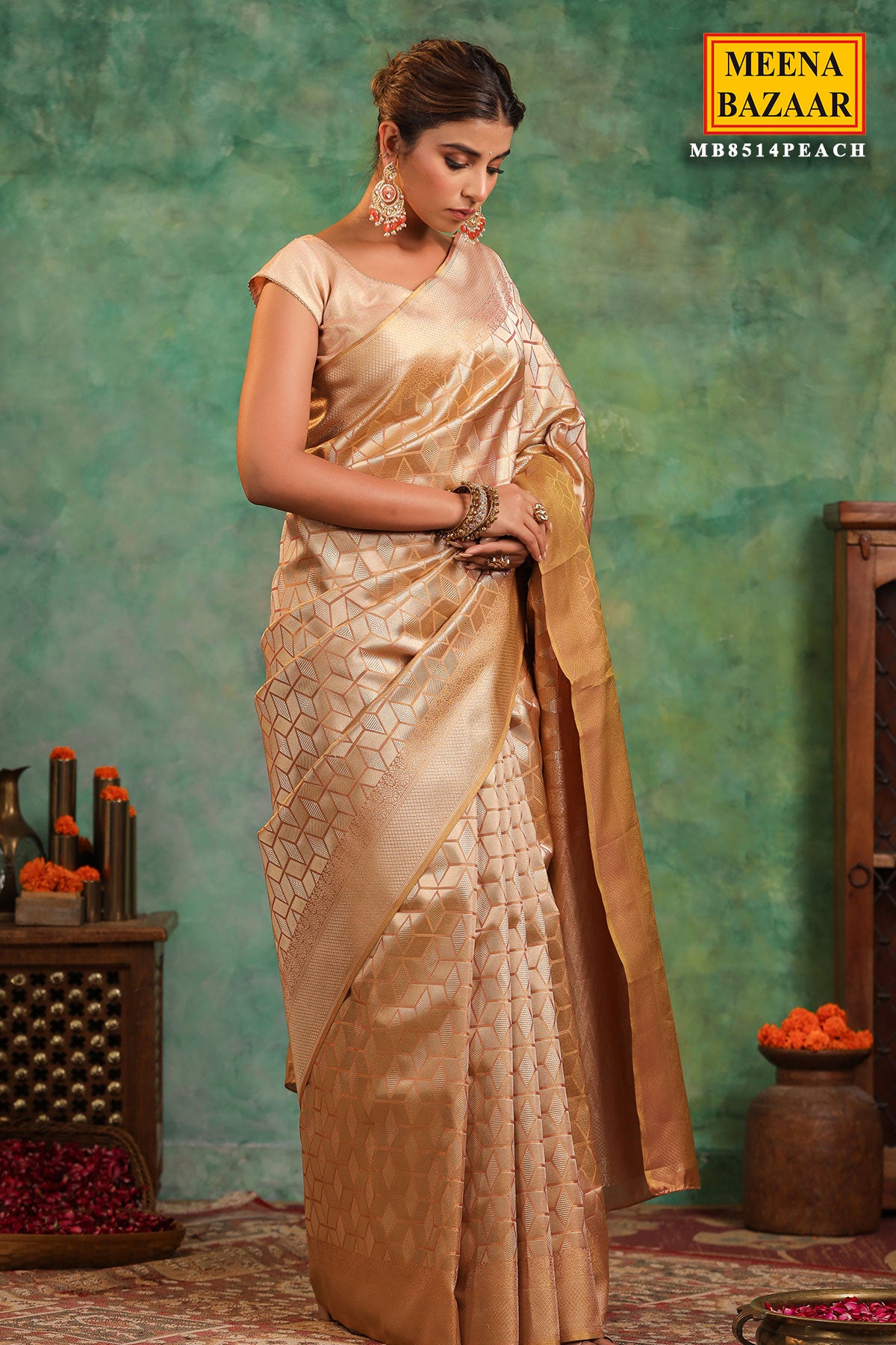 Peach Silk Woven Saree