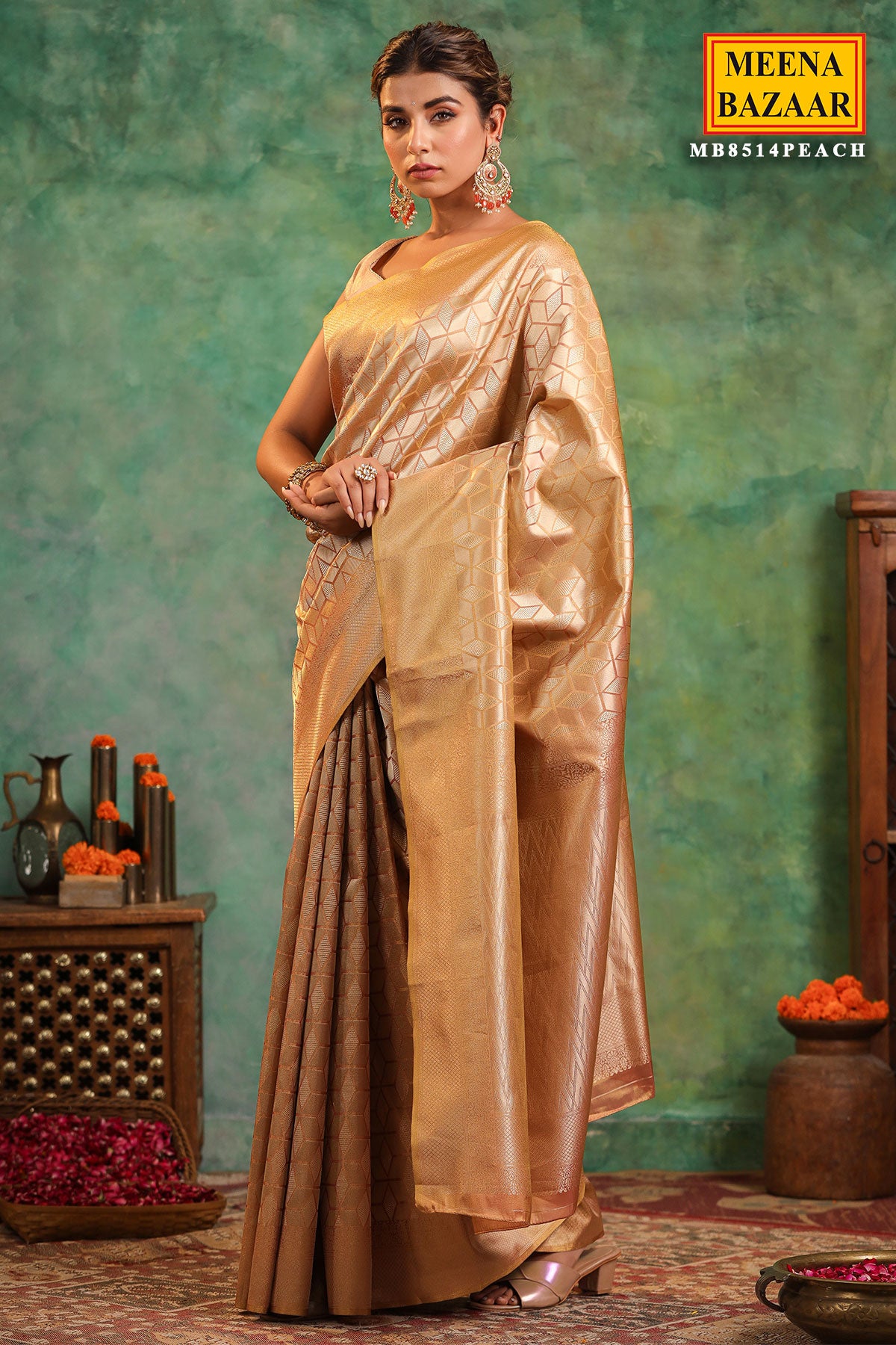 Peach Silk Woven Saree