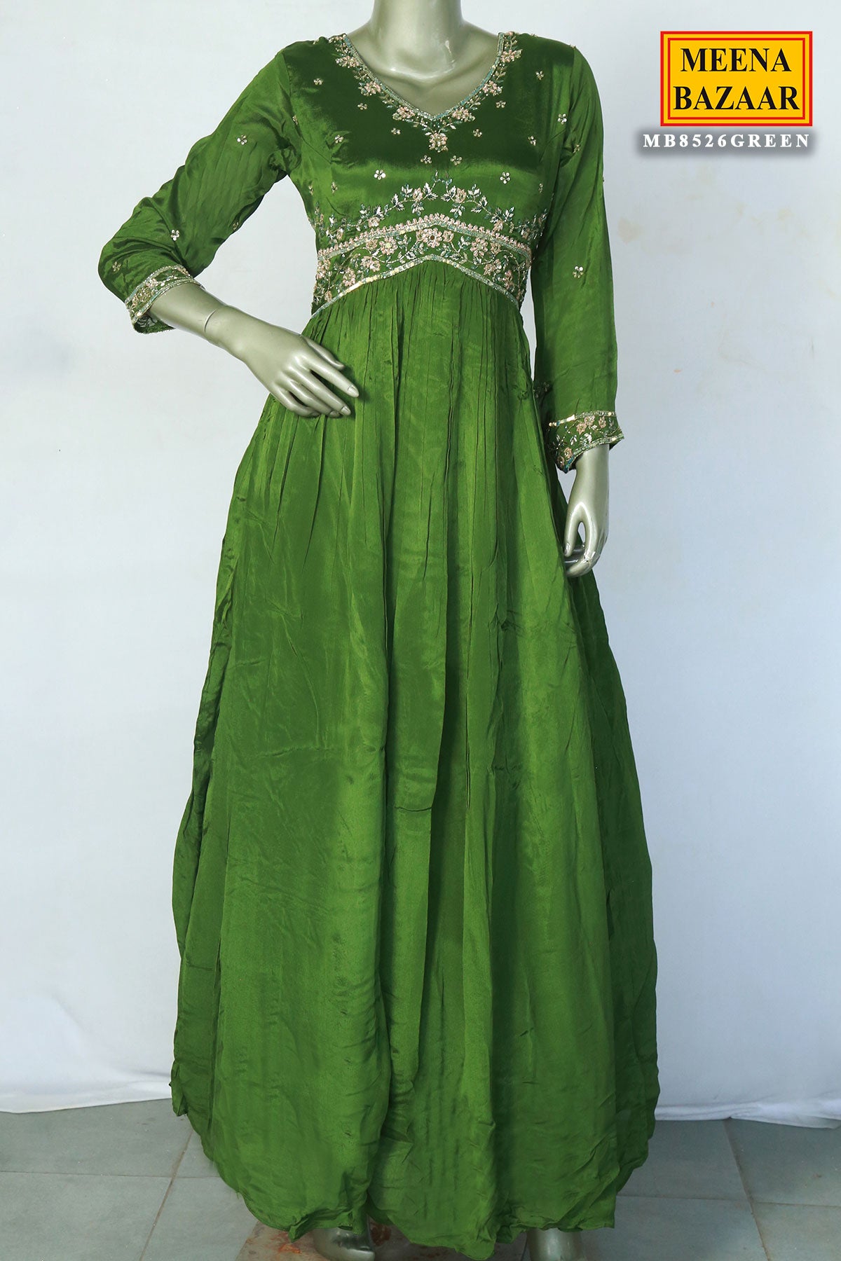 Green Crepe Silk Cutdana and Sequin Embroidered Gown