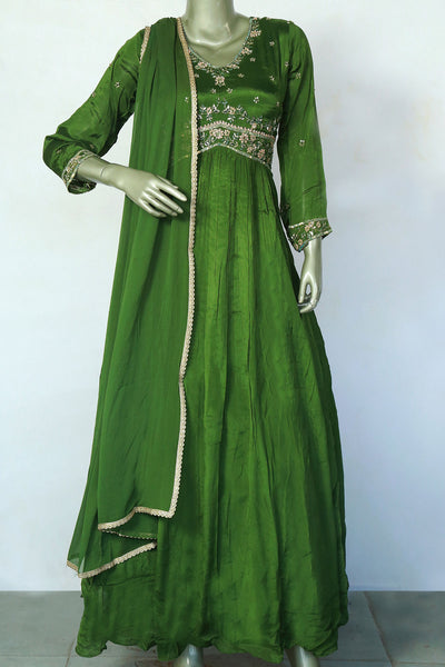 Green Crepe Silk Cutdana and Sequin Embroidered Gown