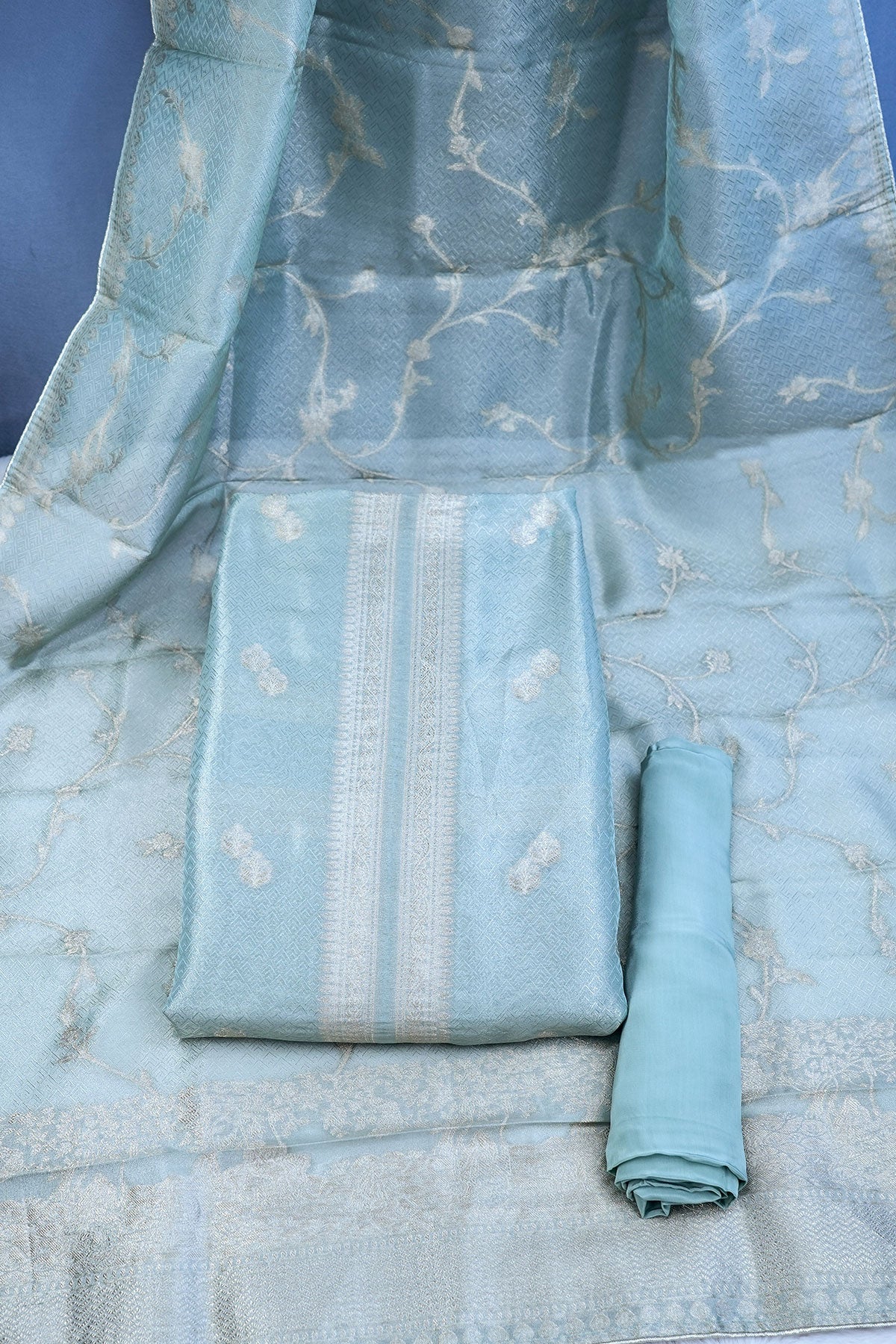 Sea Green Tissue Zari Weaving Unstitched Suit