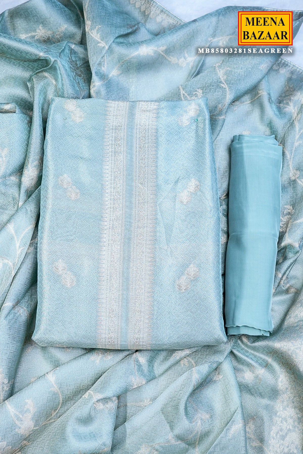 Sea Green Tissue Zari Weaving Unstitched Suit