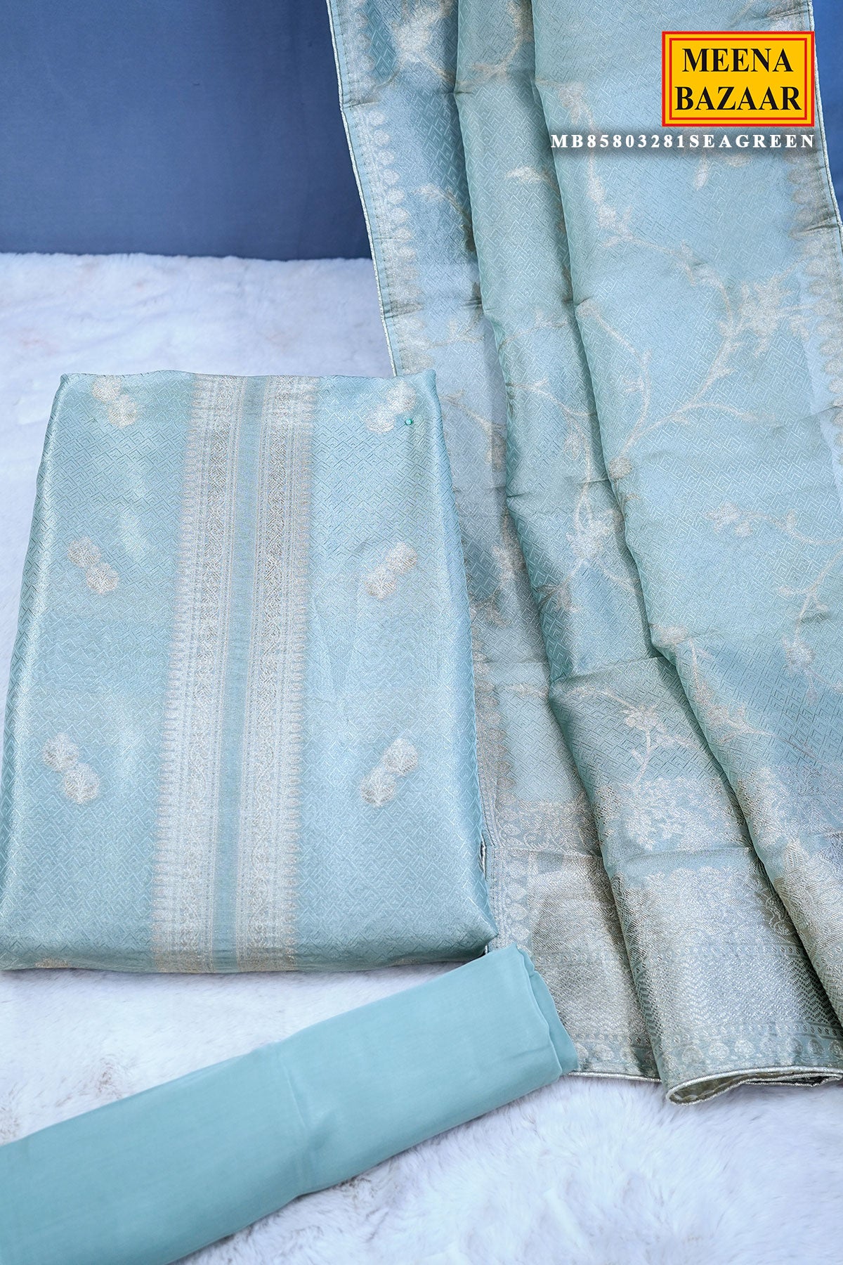 Sea Green Tissue Zari Weaving Unstitched Suit