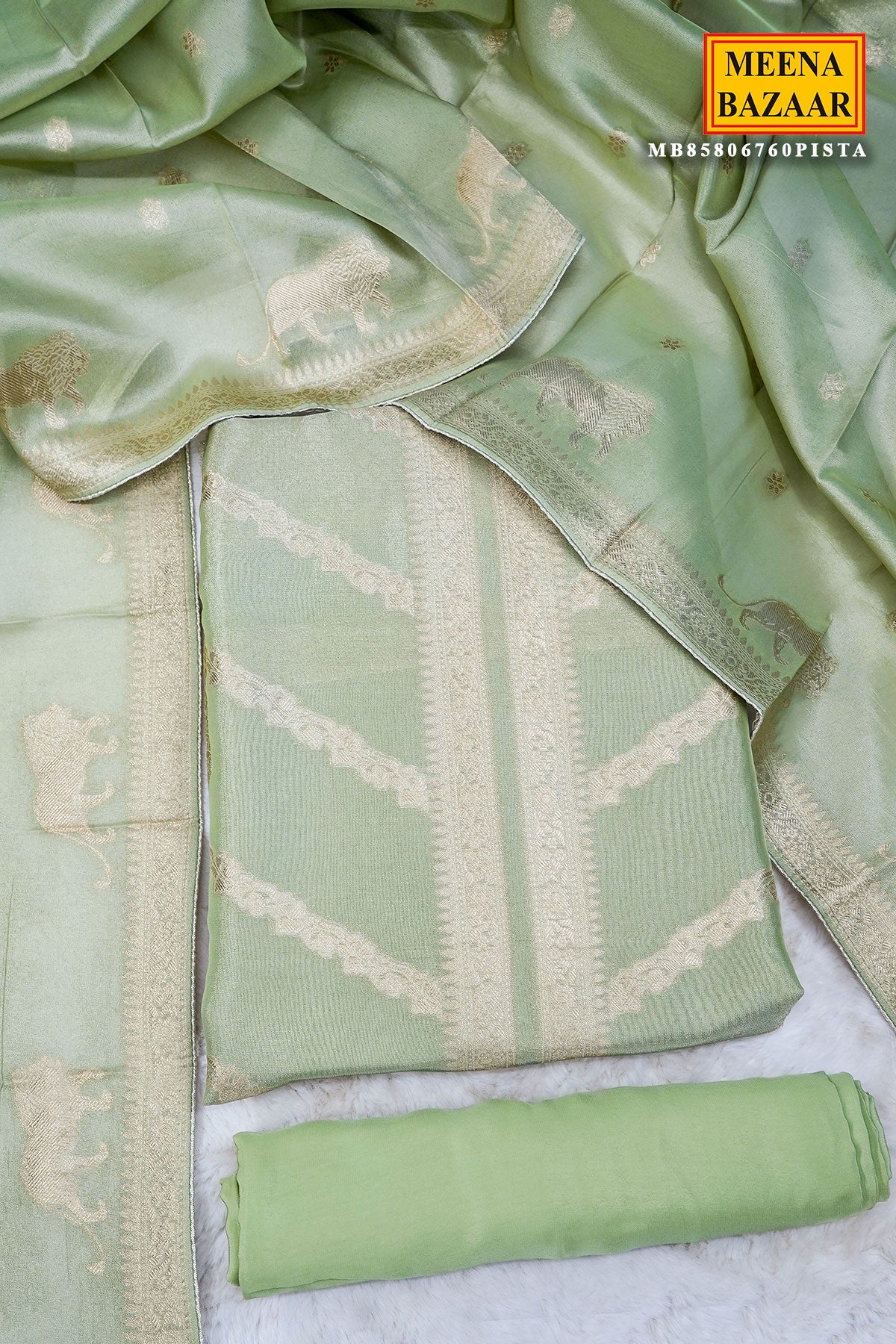 Pista Tissue Zari Weaving Unstitched Suit