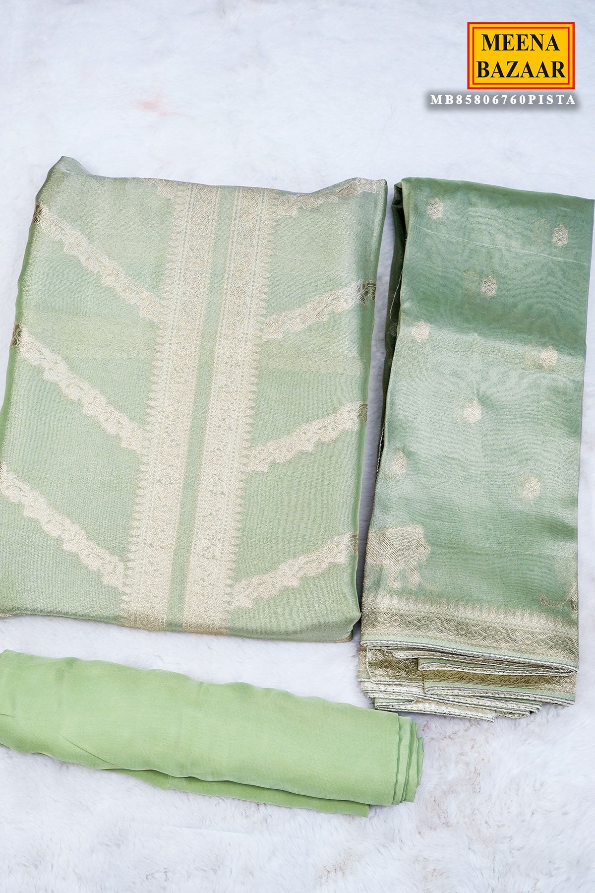 Pista Tissue Zari Weaving Unstitched Suit