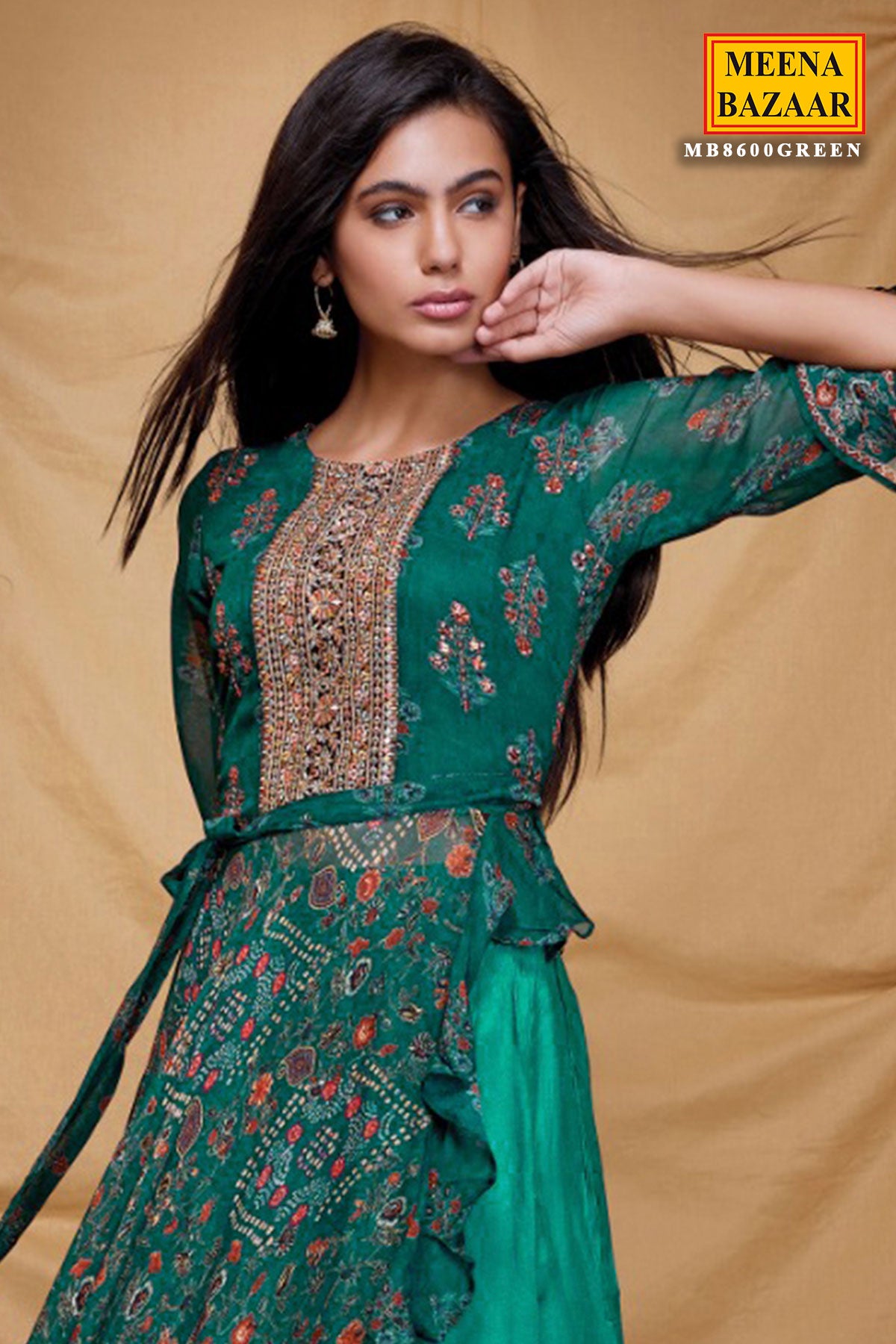 Green Georgette Floral Embroidered Kurti and Skirt Set