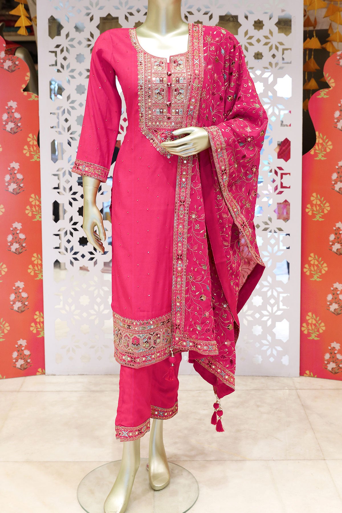 Rani Silk Embroidered Suit with Cutdana, Zari Embroidered Neckline