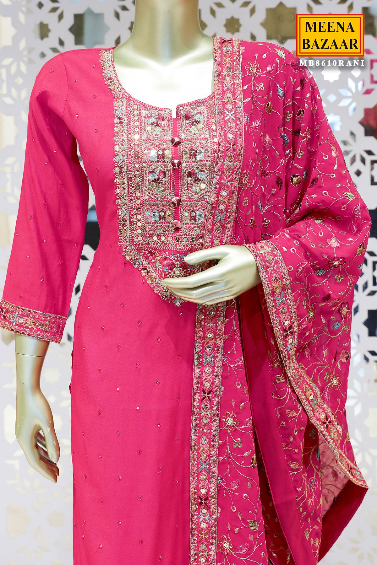 Rani Silk Embroidered Suit with Cutdana, Zari Embroidered Neckline