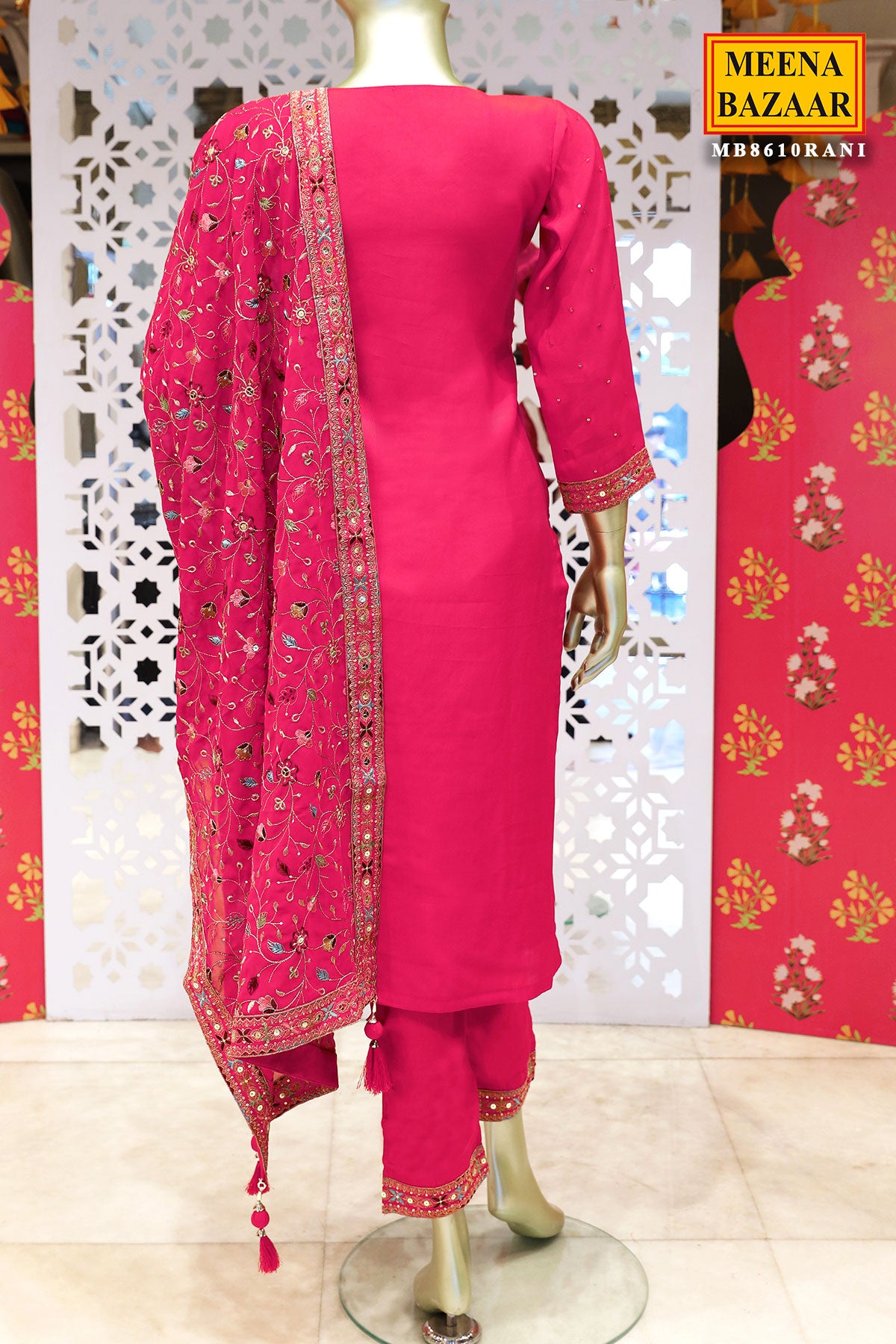 Rani Silk Embroidered Suit with Cutdana, Zari Embroidered Neckline