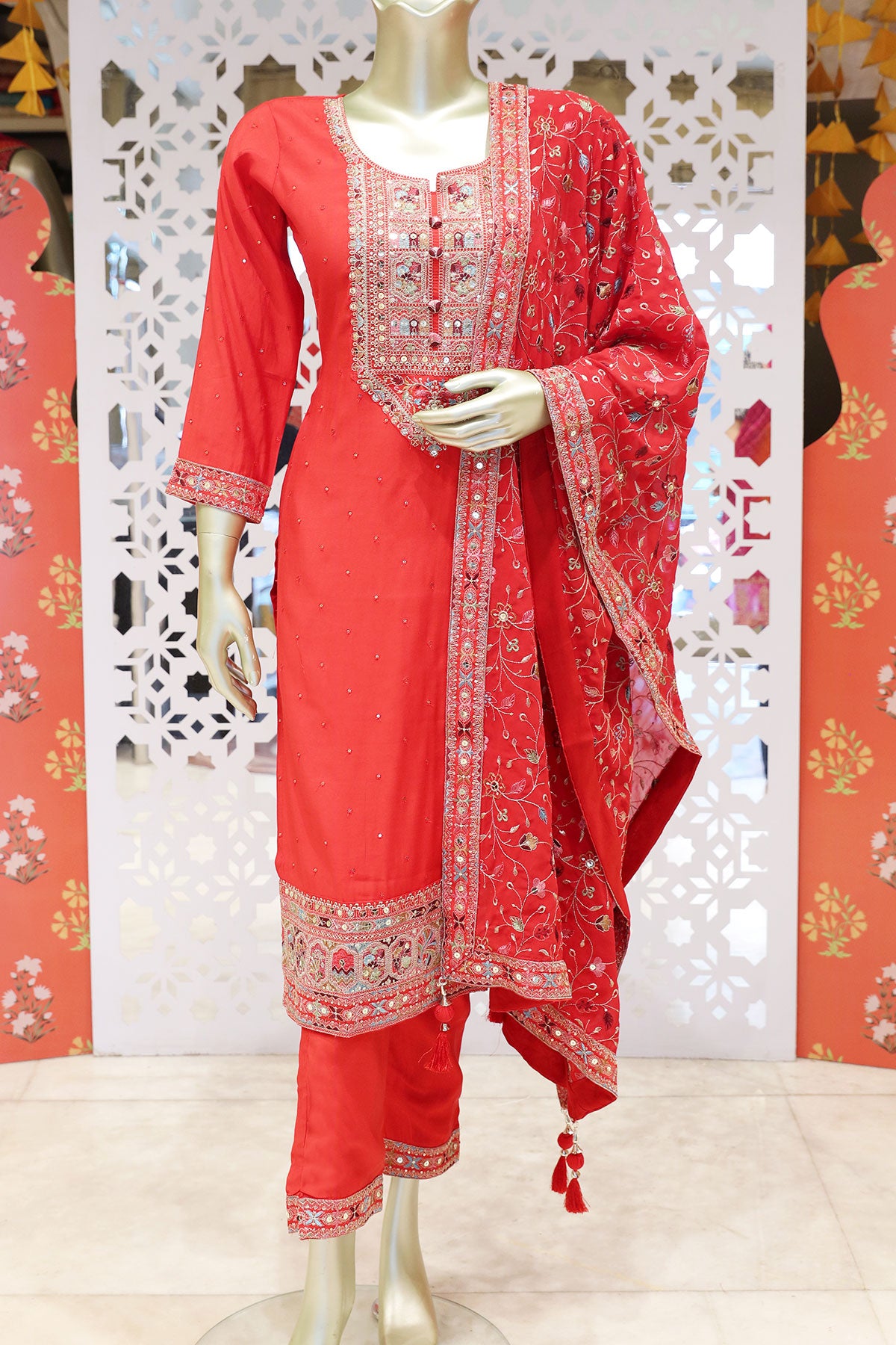 Red Silk Embroidered Suit with Cutdana, Zari Embroidered Neckline