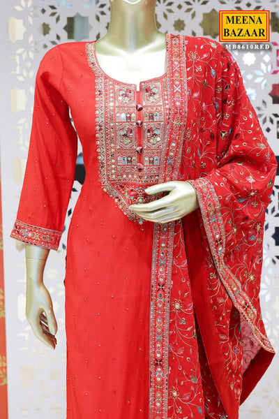 Red Silk Embroidered Suit with Cutdana, Zari Embroidered Neckline