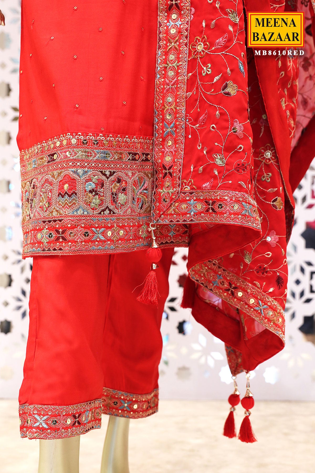 Red Silk Embroidered Suit with Cutdana, Zari Embroidered Neckline