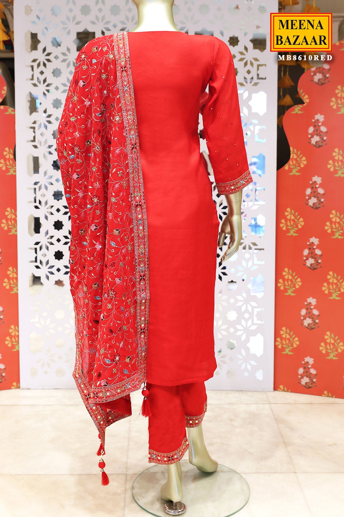 Red Silk Embroidered Suit with Cutdana, Zari Embroidered Neckline