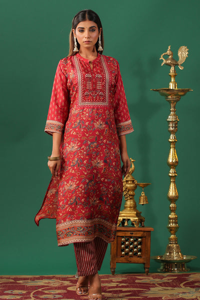 Pink Silk Floral and Chevron Printed Lace Embroidered Kurti Pant