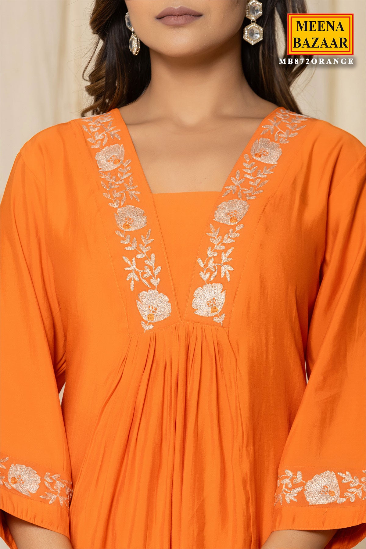 Orange Muslin Zari Embroidered A-Line Kurti Pant Set