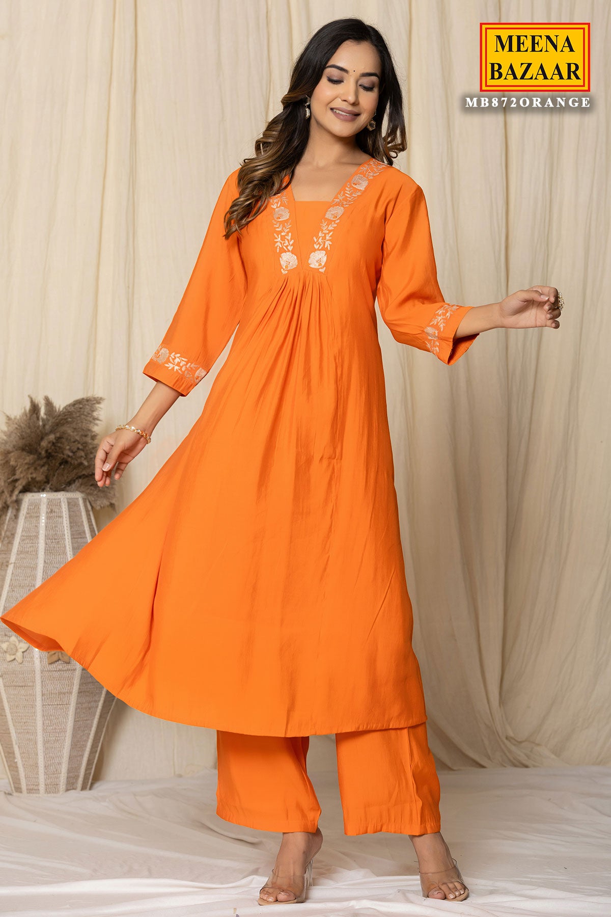 Orange Muslin Zari Embroidered A-Line Kurti Pant Set