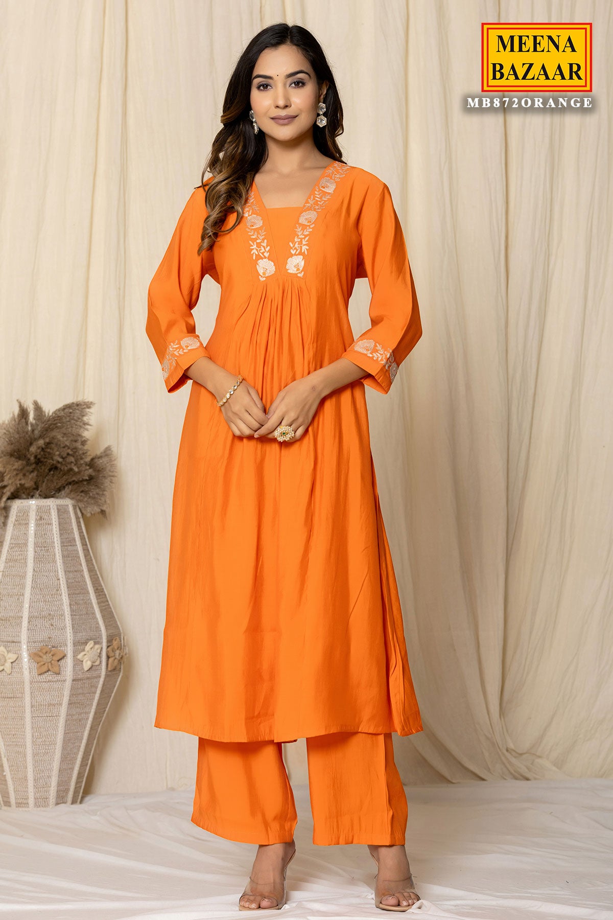 Orange Muslin Zari Embroidered A-Line Kurti Pant Set