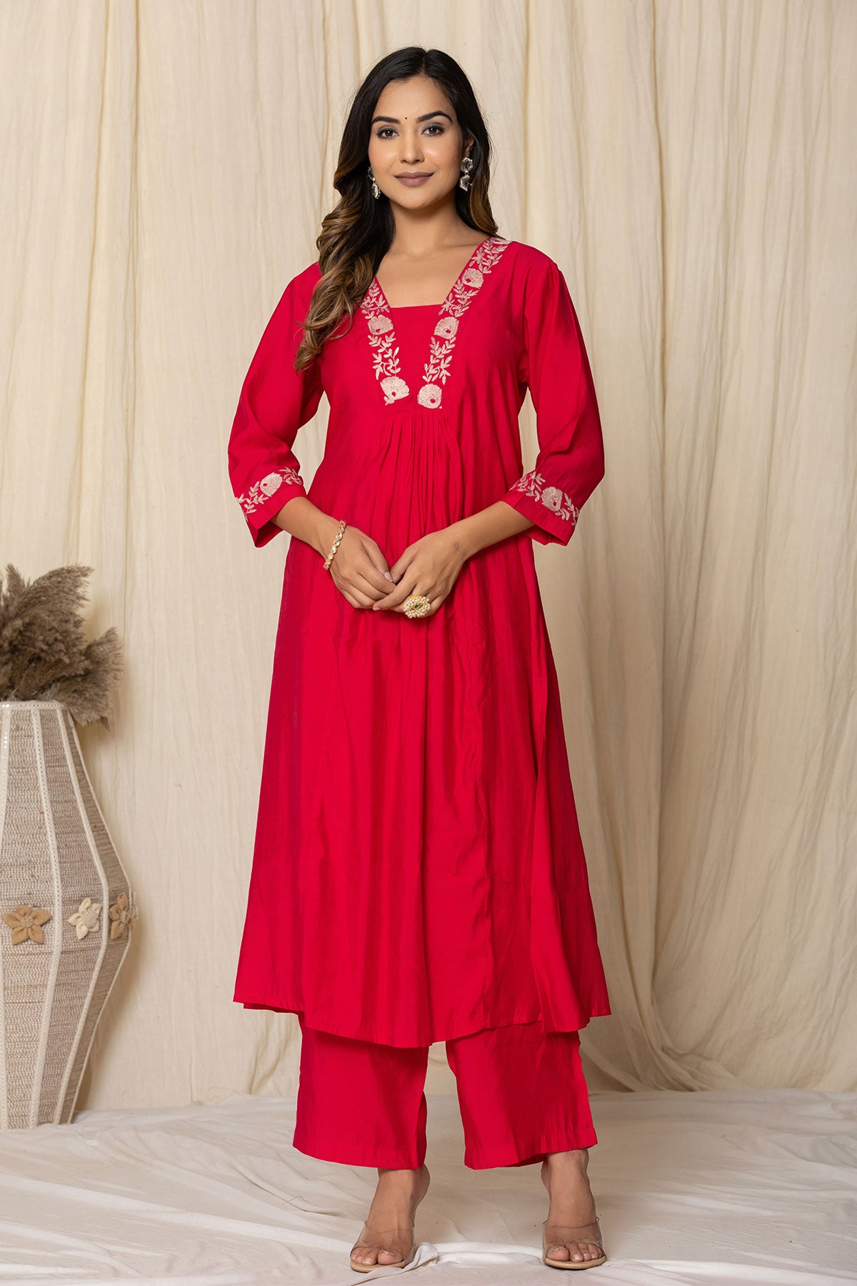 Rani Muslin Zari Embroidered A-Line Kurti Pant Set