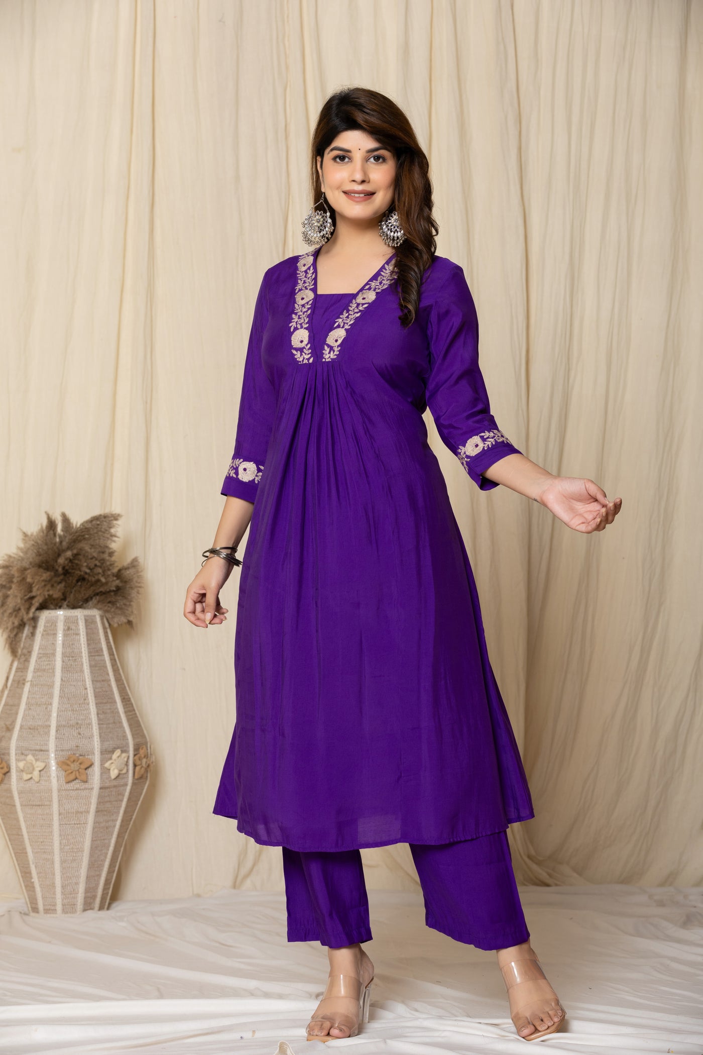 Purple Muslin Zari Embroidered A-Line Kurti Pant Set