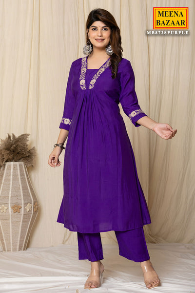 Purple Muslin Zari Embroidered A-Line Kurti Pant Set