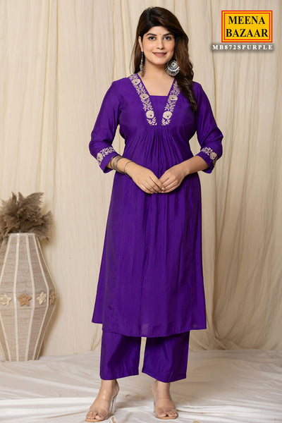 Purple Muslin Zari Embroidered A-Line Kurti Pant Set