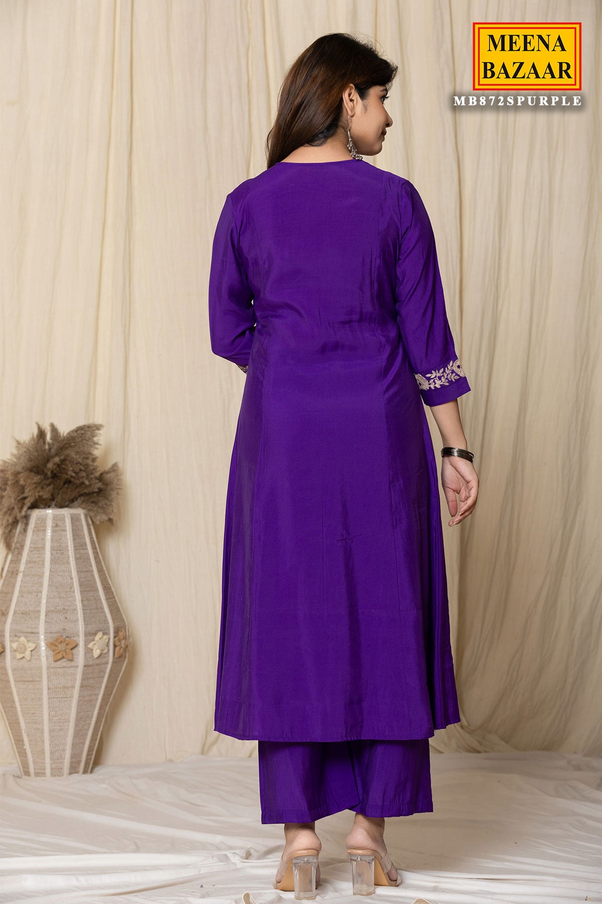 Purple Muslin Zari Embroidered A-Line Kurti Pant Set