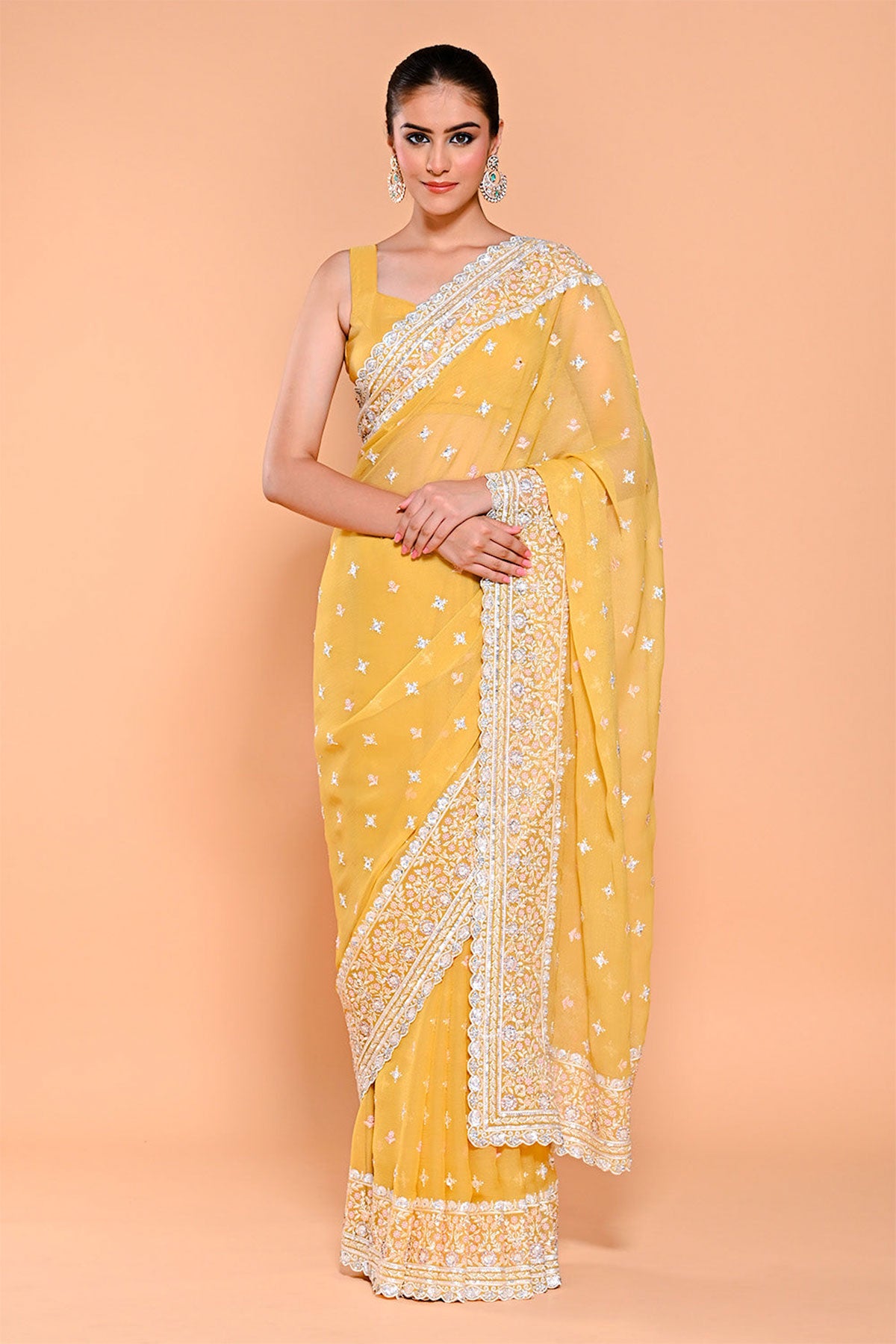 Mustard Shimmer Tissue Thread, Swarovski Embroidered Saree