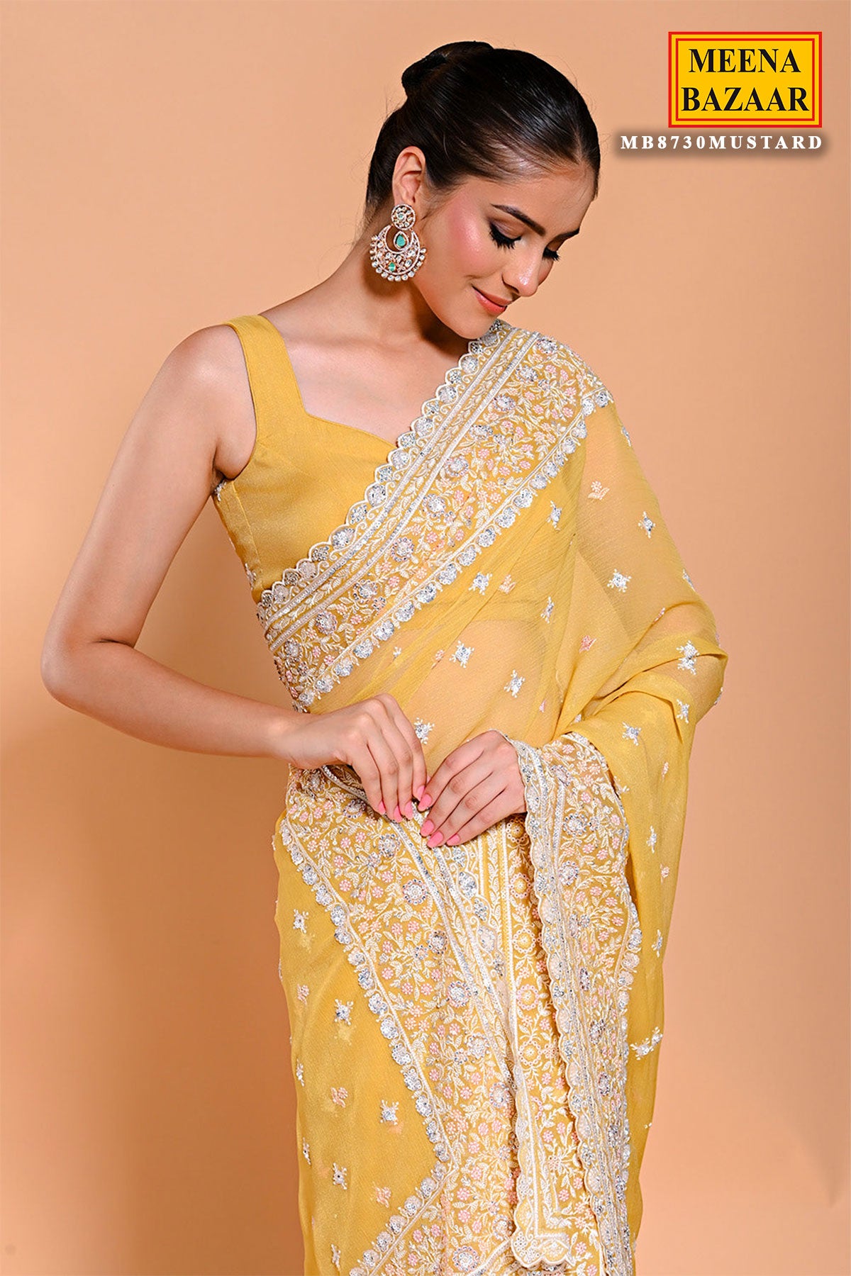 Mustard Shimmer Tissue Thread, Swarovski Embroidered Saree