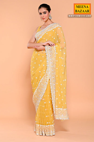 Mustard Shimmer Tissue Thread, Swarovski Embroidered Saree