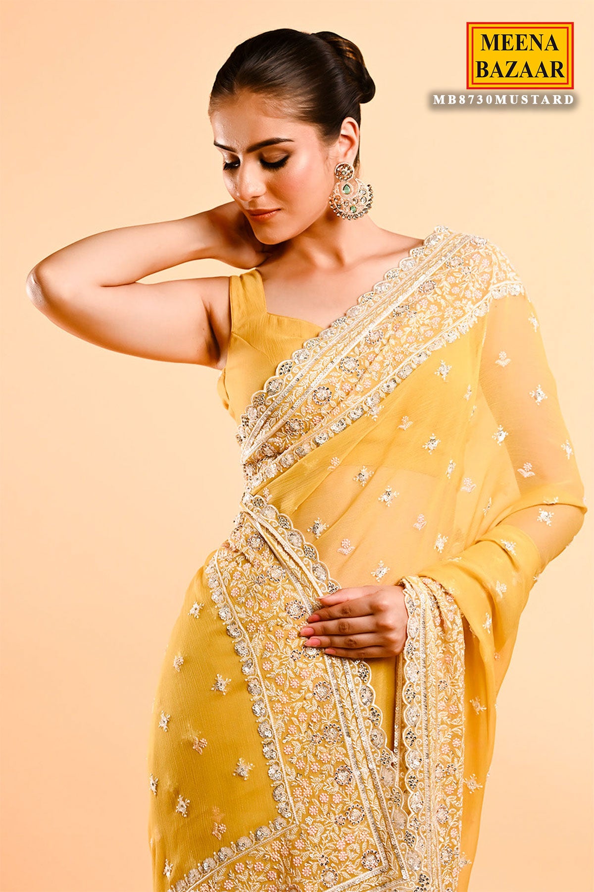 Mustard Shimmer Tissue Thread, Swarovski Embroidered Saree