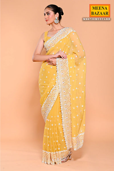 Mustard Shimmer Tissue Thread, Swarovski Embroidered Saree