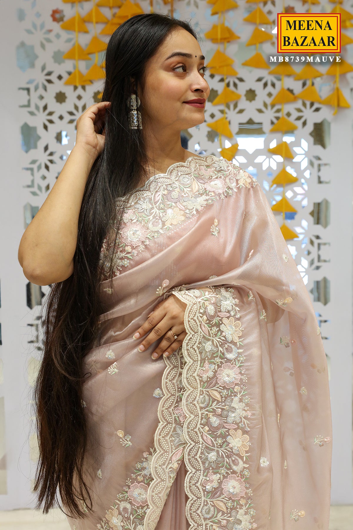 Mauve Resham Thread, Sequin Embroidered Tissue Saree