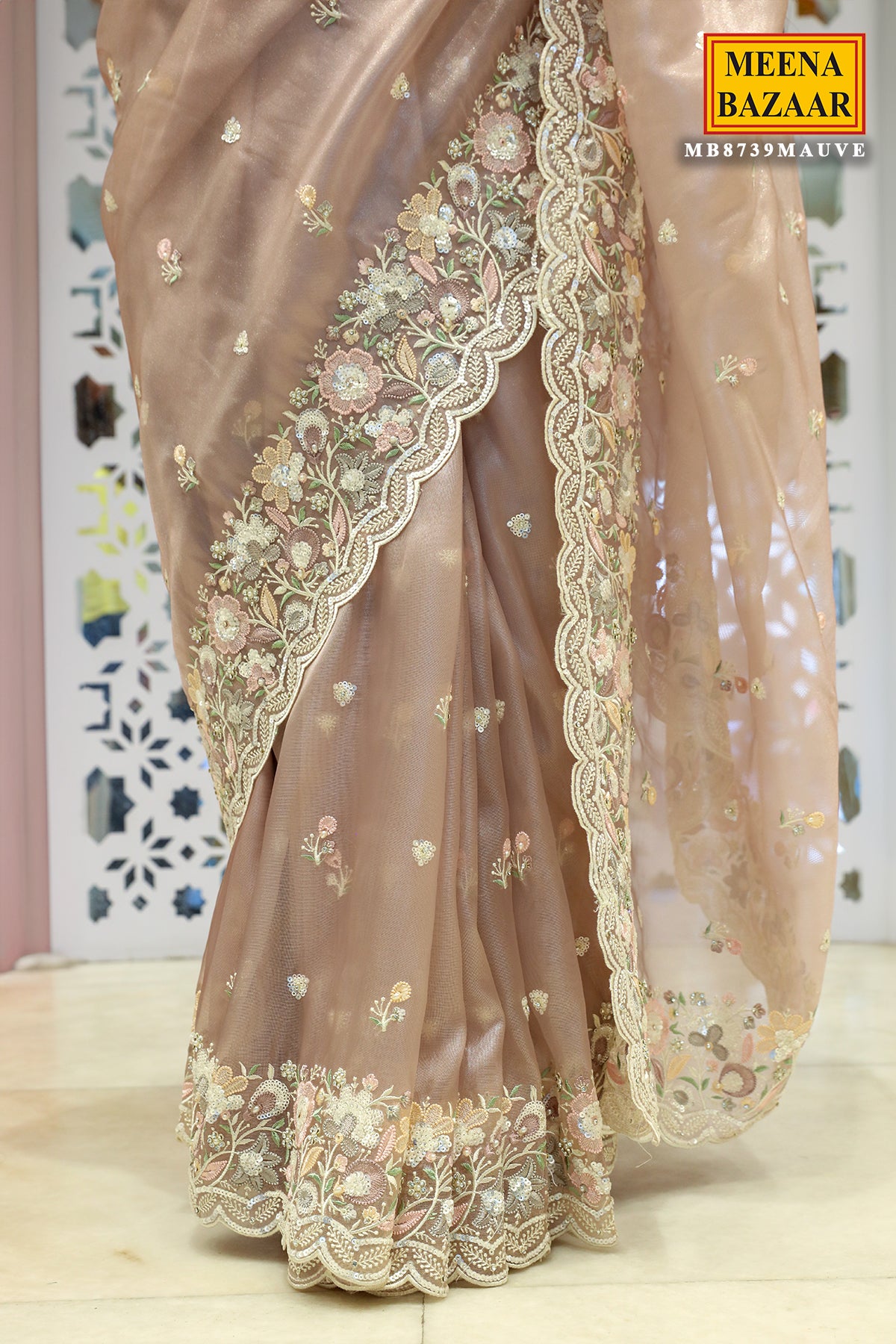 Mauve Resham Thread, Sequin Embroidered Tissue Saree